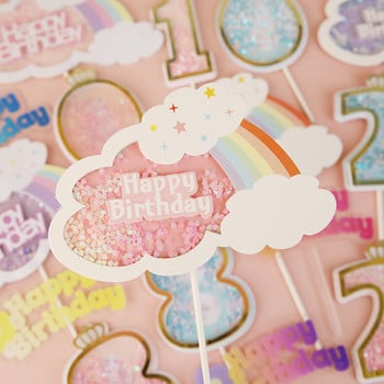 Πολύχρωμο Rainbow Happy Birthday Cake Topper Flags Number Crown 0 1 2 3 Pink Blue For Baby Birthday Party Decoration Cake