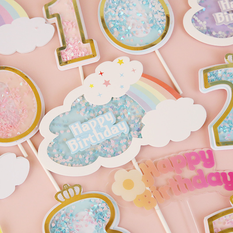 Többszínű szivárványos boldog születésnapi torta tetején zászlók szám korona 0 1 2 3 rózsaszín kék baba születésnapi parti dekorációs torta