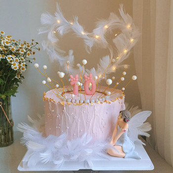 Топер за торта със сърце от пера LED светлина Ангелски перца за торта за сватба, рожден ден Декорация на торта Подаръци за Свети Валентин