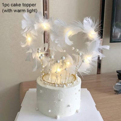 Topper pentru tort cu inimă cu pene, cu lumină LED, cu pene de înger, pentru tort, pentru nuntă, petrecere de aniversare, decorare pentru tort, Cadouri de Ziua Îndrăgostiților