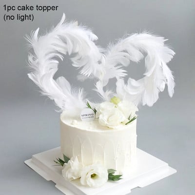 Topper pentru tort cu inimă cu pene, cu lumină LED, cu pene de înger, pentru tort, pentru nuntă, petrecere de aniversare, decorare pentru tort, Cadouri de Ziua Îndrăgostiților