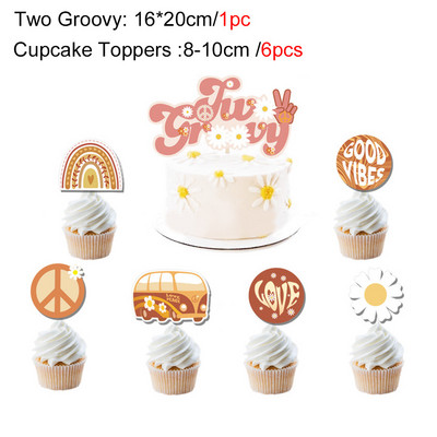 1 komplekts Bohēmijas hipija varavīksnes ziedu skolas autobusa kūkas virsma Divi groovy toperi bērniem Bohēmijas hipija dzimšanas dienas ballītes noformējums