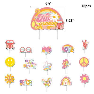 1 komplekts Bohēmijas hipija varavīksnes ziedu skolas autobusa kūkas virsma Divi groovy toperi bērniem Bohēmijas hipija dzimšanas dienas ballītes noformējums