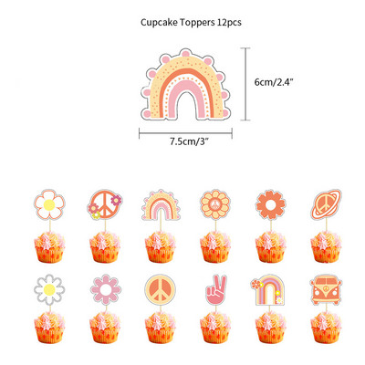 1 komplekts Bohēmijas hipija varavīksnes ziedu skolas autobusa kūkas virsma Divi groovy toperi bērniem Bohēmijas hipija dzimšanas dienas ballītes noformējums