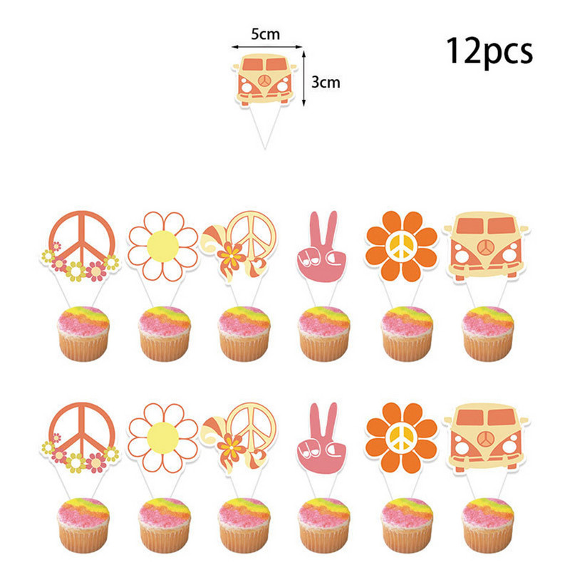 1 komplekts Bohēmijas hipija varavīksnes ziedu skolas autobusa kūkas virsma Divi groovy toperi bērniem Bohēmijas hipija dzimšanas dienas ballītes noformējums