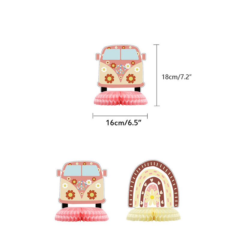 1 komplekts Bohēmijas hipija varavīksnes ziedu skolas autobusa kūkas virsma Divi groovy toperi bērniem Bohēmijas hipija dzimšanas dienas ballītes noformējums