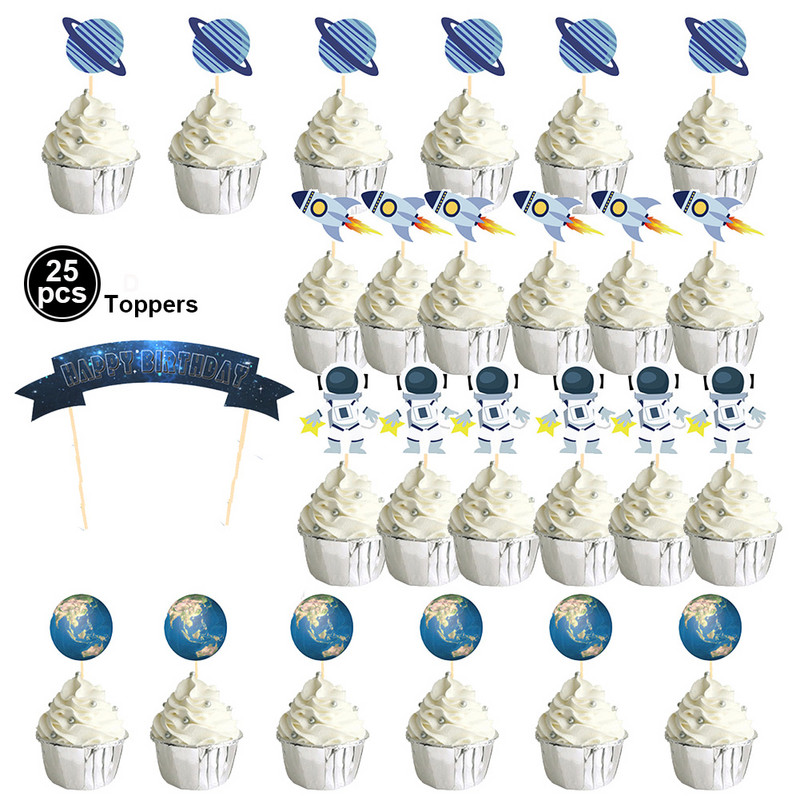 Kosmose Astronaut Cupcake Topper Universe seeria tordipealsed Universumi planeedi sünnipäevapeo magustoidu rekvisiidid, pidulik sisekujundus