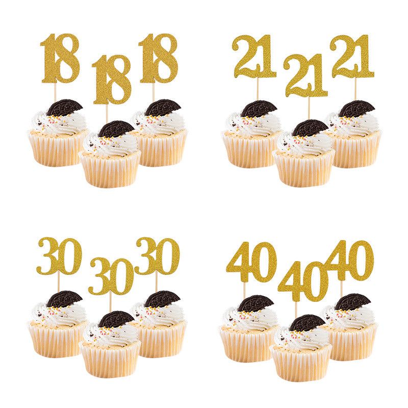 10/20 buc. Topper pentru tort cu sclipici cu număr 18 21 30 40 50 60 de ani Topper pentru prăjituri de aniversare pentru mare eveniment, petrecere de nuntă, furnituri pentru decor cupcake