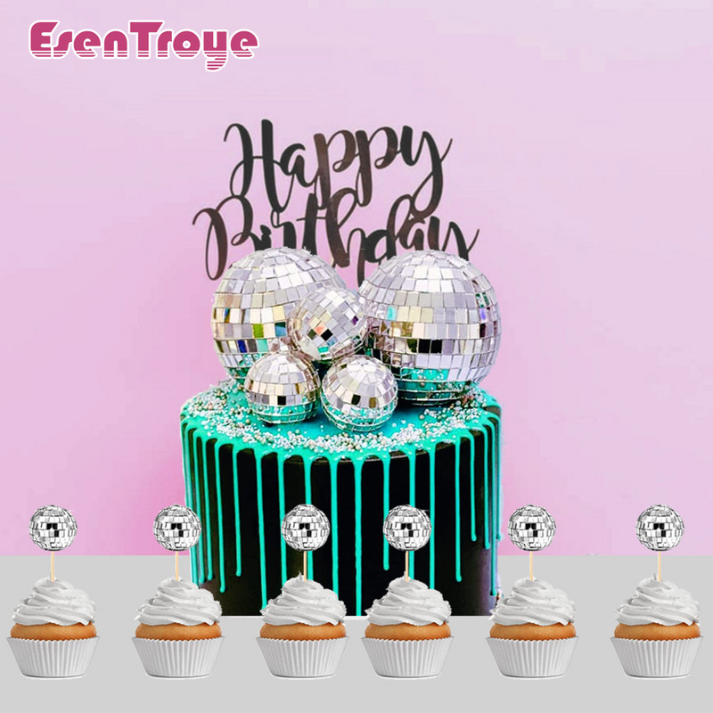 12 bucăți decorare tort cu bile cu oglindă Disco 70's 80 Retro Dance Disco Silver Golden Cake Topper Cupcake Party Party Club