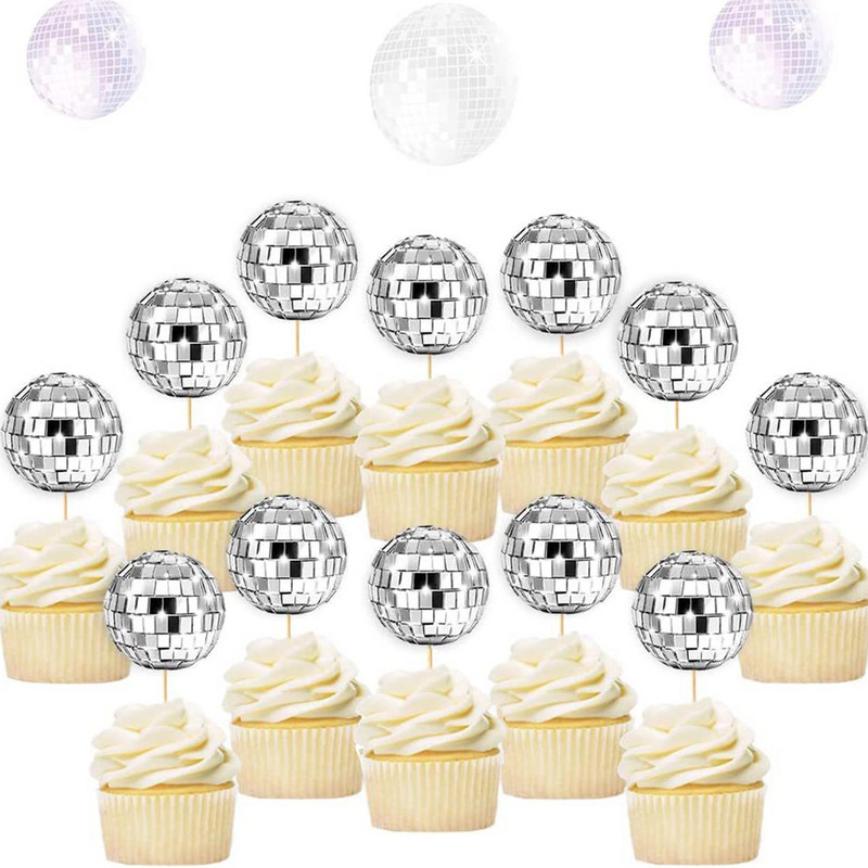 12 bucăți decorare tort cu bile cu oglindă Disco 70's 80 Retro Dance Disco Silver Golden Cake Topper Cupcake Party Party Club