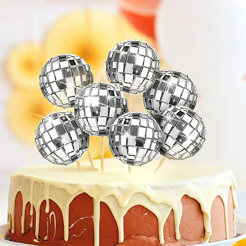 12 bucăți decorare tort cu bile cu oglindă Disco 70's 80 Retro Dance Disco Silver Golden Cake Topper Cupcake Party Party Club