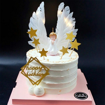 Kawaii Feather Cake Toppers Angel Wing Честит рожден ден Cake Topper Baby Shower Детска сватбена и годежна торта Консумативи за декорация