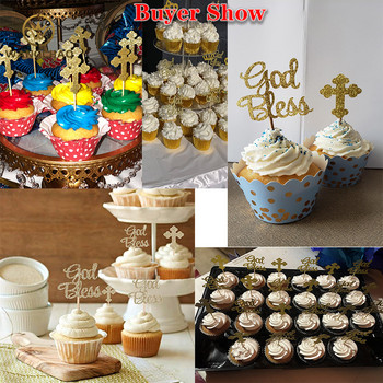 24 бр./торба Cross Angel God Bless Cake Topper Първо причастие Baby Shower Християнско парти Декорация Консумативи Великденски торти Toppers