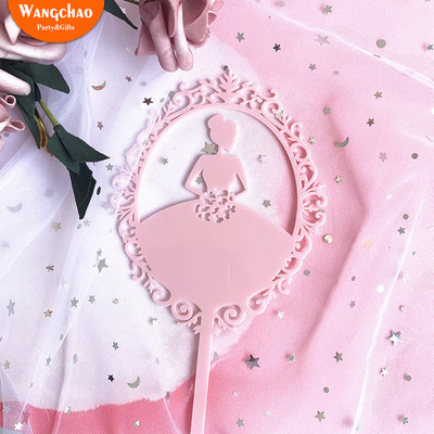 Rožiniai akriliniai nėriniai princesė su gimtadieniu torto apmušalai juodi elegantiški kulno moteriški pyragaičiai saldūs vestuvių vakarėlio reikmenys