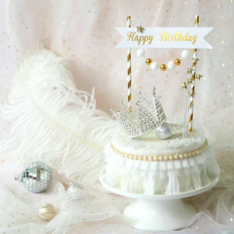 Χρυσή Ασημένια Μπάλα Αστέρι Happy Birthday Cake Topper Lovely Crown Cake Top Flag Διακοσμήσεις για αγόρια γενεθλίων γάμου προμήθειες