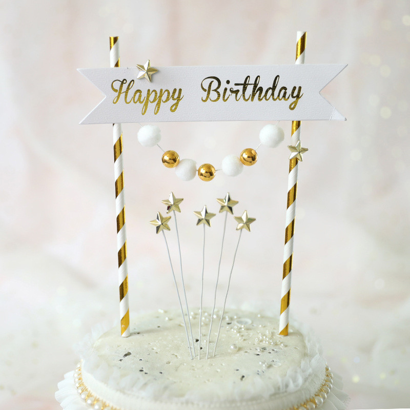 Χρυσή Ασημένια Μπάλα Αστέρι Happy Birthday Cake Topper Lovely Crown Cake Top Flag Διακοσμήσεις για αγόρια γενεθλίων γάμου προμήθειες