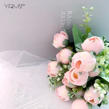 YRMSF Изкуствени цветя 12 глави Розов копринен божур Изкуствено фалшиво цвете за Направи си сам сватбено тържество Булка Домашно растение Декорация Цвете