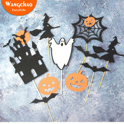 Happy Halloween Cake Topper Pumpkin Ghost Bat Witch Ghost Castle Black Cat Horror Cupcake Toppers Halloween Party Baking Decor