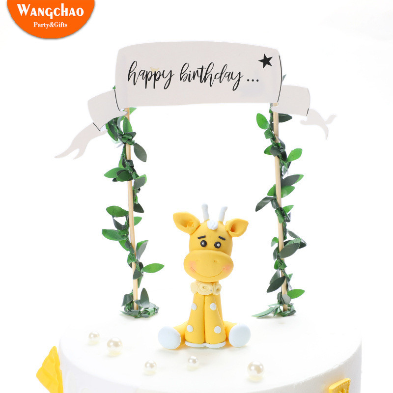 Θέμα δάσους Polymer Clay Deer Tree Vine Jungle Safari Party Παιδικές μπομπονιέρες Ζώο Happy Birthday Cake Topper Party Supplies