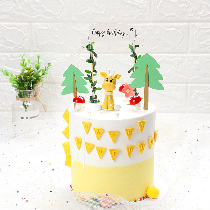 Θέμα δάσους Polymer Clay Deer Tree Vine Jungle Safari Party Παιδικές μπομπονιέρες Ζώο Happy Birthday Cake Topper Party Supplies