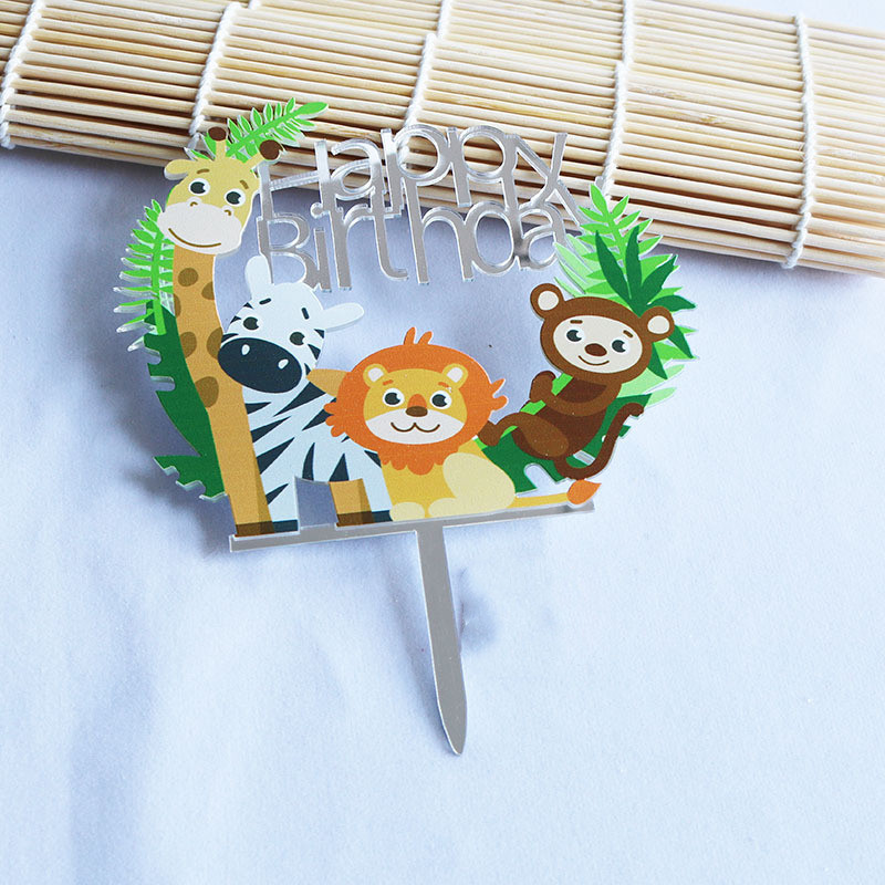 Jauka multfilma, dzīvnieks, dzimšanas dienas kūku pildītājs mērkaķis lauva zilonis Daudz laimes dzimšanas dienā kūku pildītāji bērnu svētku ballīte akrila kūka rotā