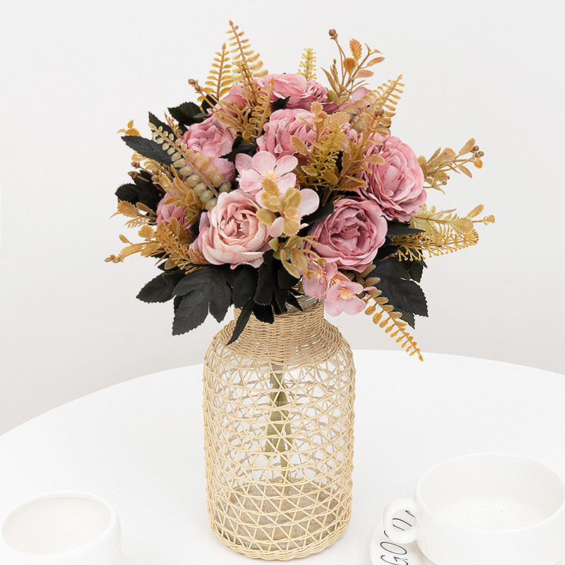 Retro selyem műrózsa virágok barkácsolás őszi esküvő Lakásdekoráció karácsonyi elrendezés hamis bazsarózsa hortenzia menyasszonyi csokor