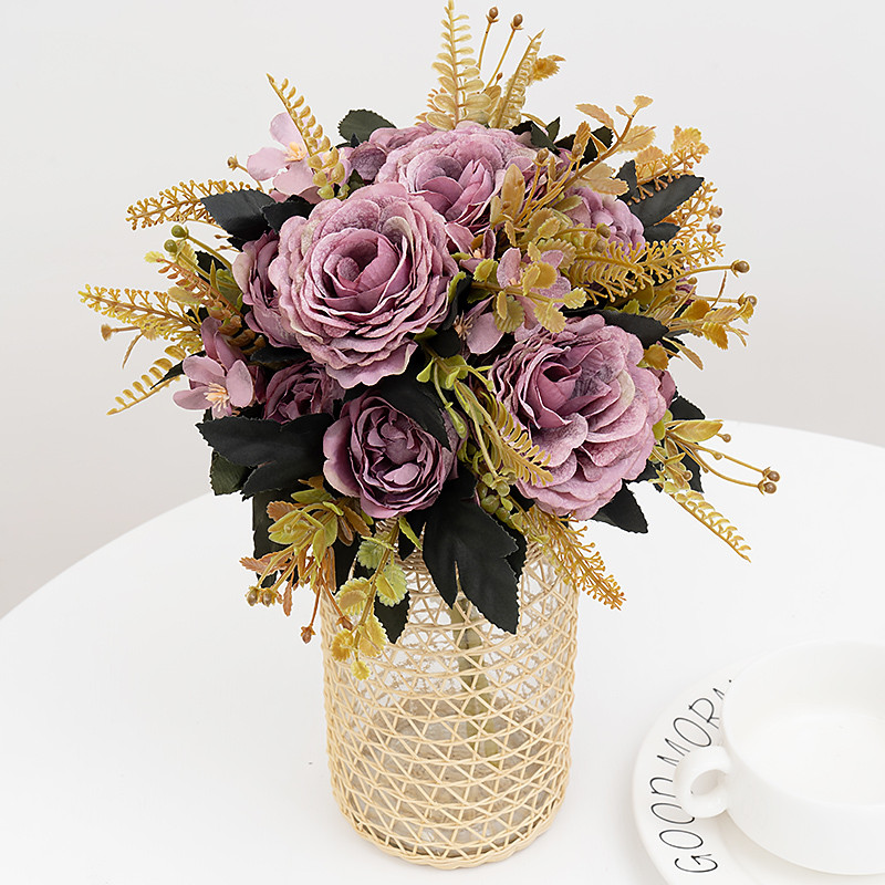 Retro selyem műrózsa virágok barkácsolás őszi esküvő Lakásdekoráció karácsonyi elrendezés hamis bazsarózsa hortenzia menyasszonyi csokor