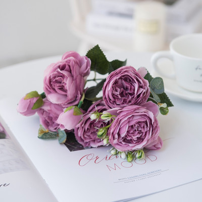 Flori artificiale Bujor de mătase roșie Trandafiri Vaze pentru decorațiuni interioare Buchet de mireasă Accesorii de nuntă Artizanat Cadouri DIY Plante false roz