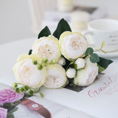 Flori artificiale Bujor de mătase roșie Trandafiri Vaze pentru decorațiuni interioare Buchet de mireasă Accesorii de nuntă Artizanat Cadouri DIY Plante false roz