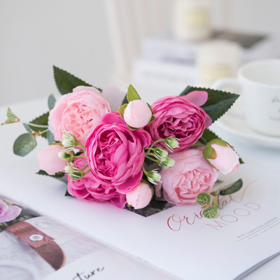 Flori artificiale Bujor de mătase roșie Trandafiri Vaze pentru decorațiuni interioare Buchet de mireasă Accesorii de nuntă Artizanat Cadouri DIY Plante false roz