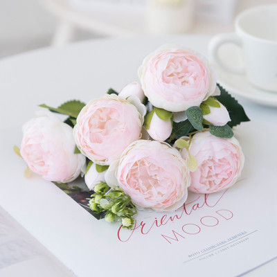 Flori artificiale Bujor de mătase roșie Trandafiri Vaze pentru decorațiuni interioare Buchet de mireasă Accesorii de nuntă Artizanat Cadouri DIY Plante false roz