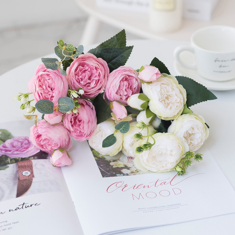 Flori artificiale Bujor de mătase roșie Trandafiri Vaze pentru decorațiuni interioare Buchet de mireasă Accesorii de nuntă Artizanat Cadouri DIY Plante false roz