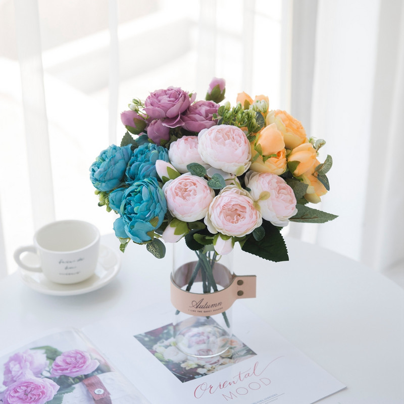 Flori artificiale Bujor de mătase roșie Trandafiri Vaze pentru decorațiuni interioare Buchet de mireasă Accesorii de nuntă Artizanat Cadouri DIY Plante false roz