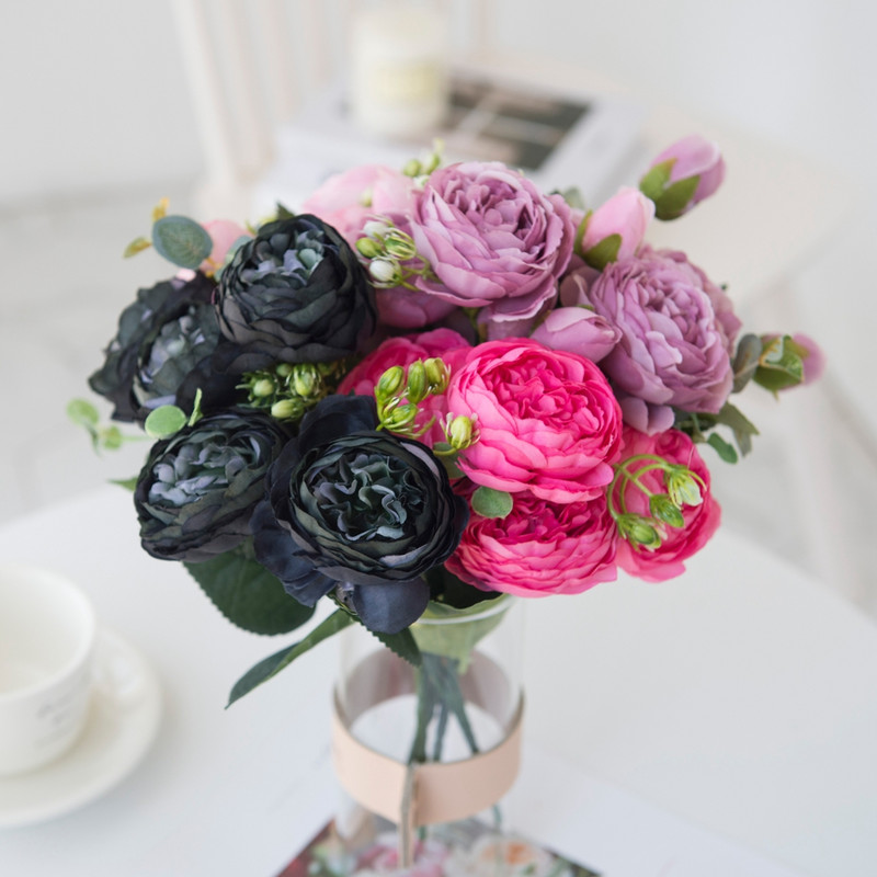 Flori artificiale Bujor de mătase roșie Trandafiri Vaze pentru decorațiuni interioare Buchet de mireasă Accesorii de nuntă Artizanat Cadouri DIY Plante false roz