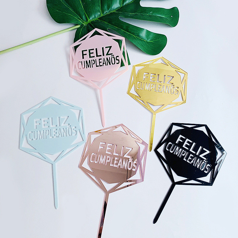 Rózsaszín arany akril születésnapi tortafedő hatszögű spanyol nyelvű tortafeltétek Desszertdísz Születésnapi buli-sütési kellékek