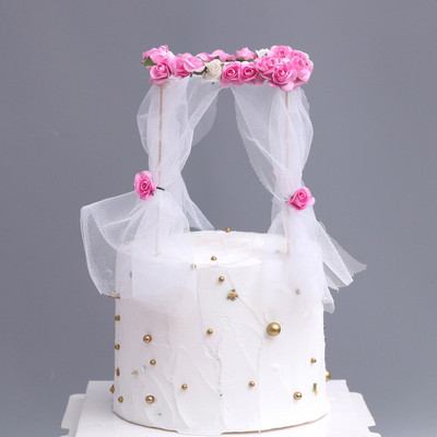Egyedi virágok Esküvői ív tortafeltét születésnapi party sült torta behelyezett zászló sifon esküvői torta fedők születésnapi dekoráció