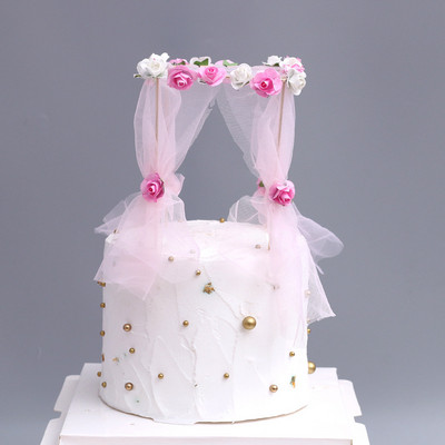 Egyedi virágok Esküvői ív tortafeltét születésnapi party sült torta behelyezett zászló sifon esküvői torta fedők születésnapi dekoráció
