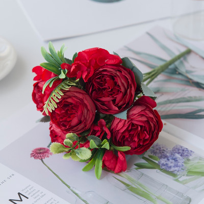 Művirág Vázák otthoni dekorációhoz Selyem Rózsa Bazsarózsa Mária menyasszonyi csokor Hamis növények Karácsonyi Esküvői Dekoratív Koszorú