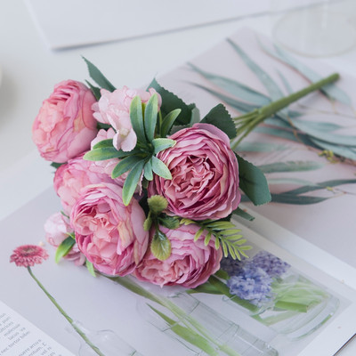 Művirág Vázák otthoni dekorációhoz Selyem Rózsa Bazsarózsa Mária menyasszonyi csokor Hamis növények Karácsonyi Esküvői Dekoratív Koszorú