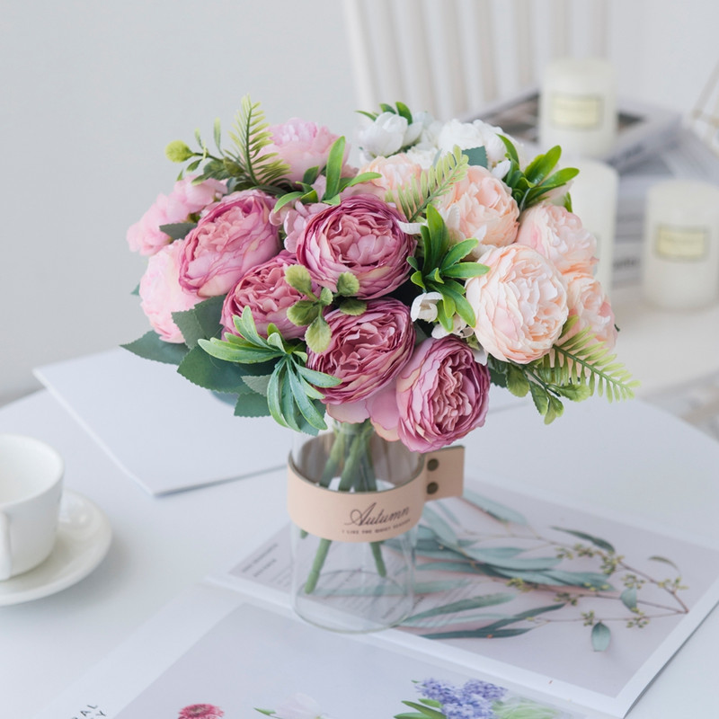 Művirág Vázák otthoni dekorációhoz Selyem Rózsa Bazsarózsa Mária menyasszonyi csokor Hamis növények Karácsonyi Esküvői Dekoratív Koszorú