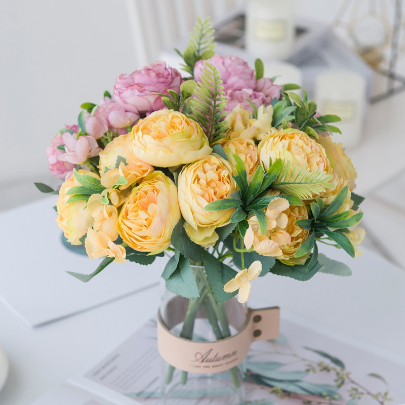 Művirág Vázák otthoni dekorációhoz Selyem Rózsa Bazsarózsa Mária menyasszonyi csokor Hamis növények Karácsonyi Esküvői Dekoratív Koszorú