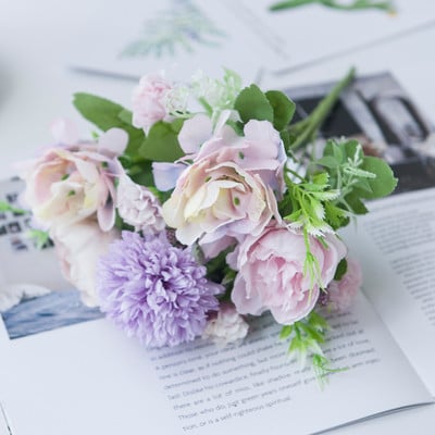 Flori artificiale Bujor roz Buchet de mireasa Hortensia de matase Plante false Centre de nunta Vaza de scena pentru decorarea masei de casa