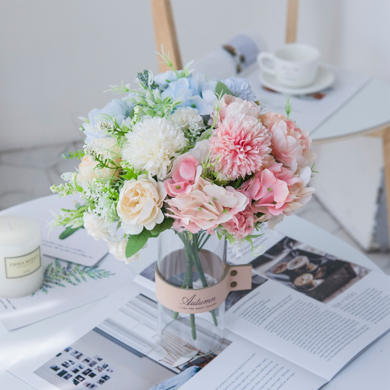 Flori artificiale Bujor roz Buchet de mireasa Hortensia de matase Plante false Centre de nunta Vaza de scena pentru decorarea masei de casa