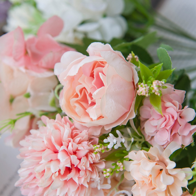 Flori artificiale Bujor roz Buchet de mireasa Hortensia de matase Plante false Centre de nunta Vaza de scena pentru decorarea masei de casa