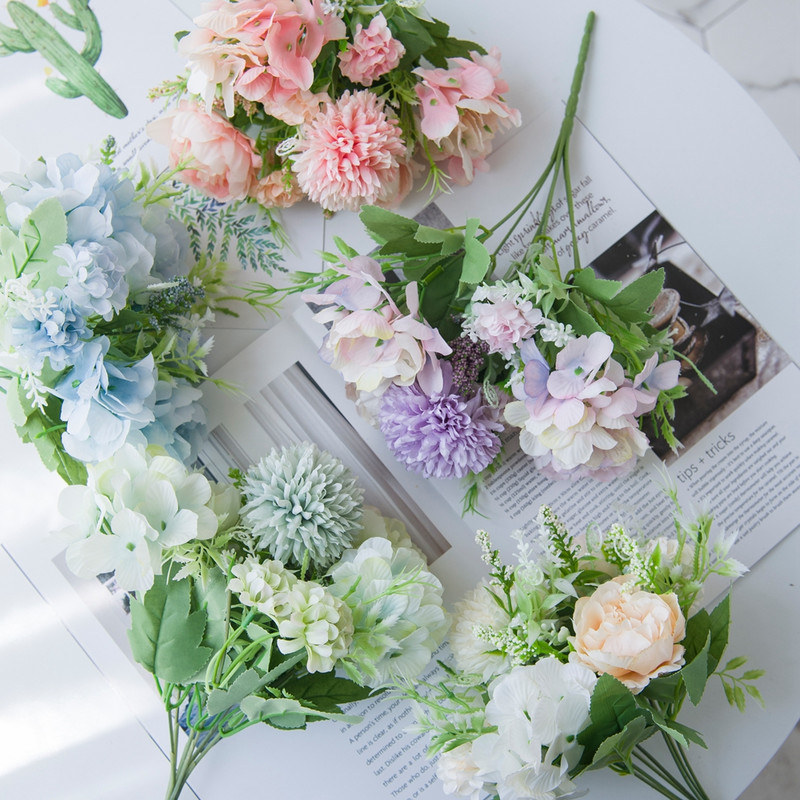 Flori artificiale Bujor roz Buchet de mireasa Hortensia de matase Plante false Centre de nunta Vaza de scena pentru decorarea masei de casa