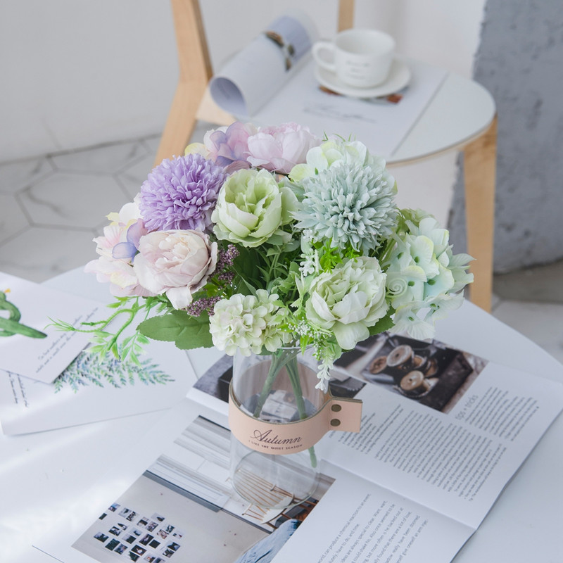 Flori artificiale Bujor roz Buchet de mireasa Hortensia de matase Plante false Centre de nunta Vaza de scena pentru decorarea masei de casa