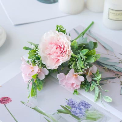 Flori artificiale de trandafir alb Buchet de bujor de mătase de înaltă calitate Decor de nuntă de acasă Vaze din plastic cu plante false pentru aranjament de masă