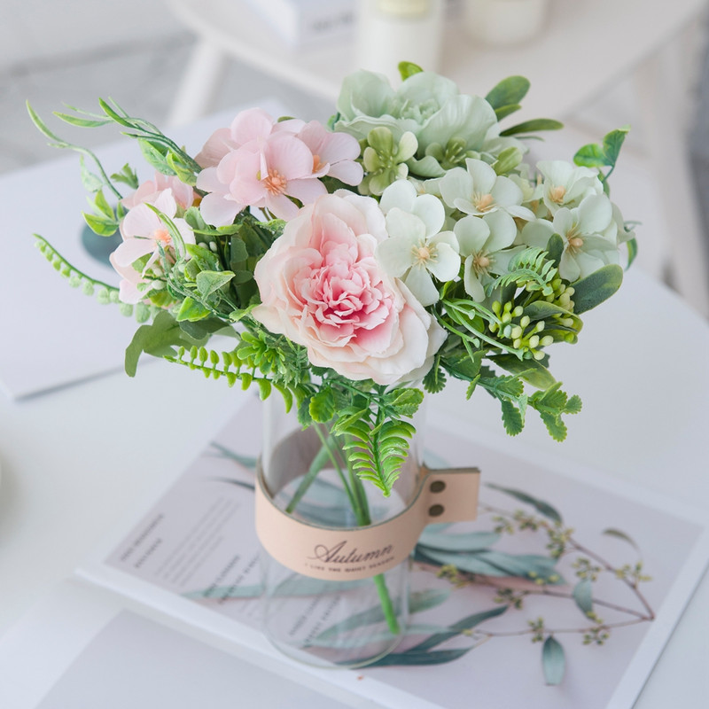 Flori artificiale de trandafir alb Buchet de bujor de mătase de înaltă calitate Decor de nuntă de acasă Vaze din plastic cu plante false pentru aranjament de masă