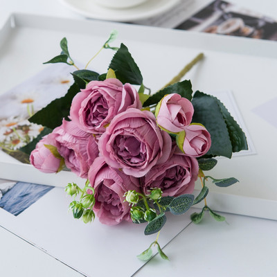 9 fejű művirág fehér bazsarózsa tearózsa őszi selyem váza barkácsoláshoz otthoni kertben esküvői dekoráció hamis növények