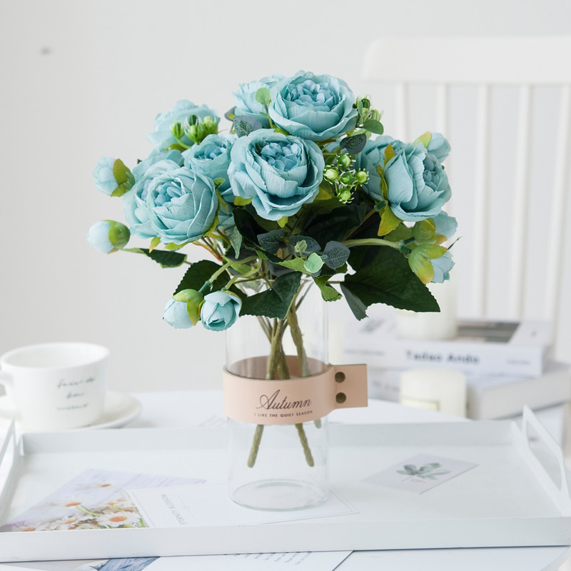 9 fejű művirág fehér bazsarózsa tearózsa őszi selyem váza barkácsoláshoz otthoni kertben esküvői dekoráció hamis növények